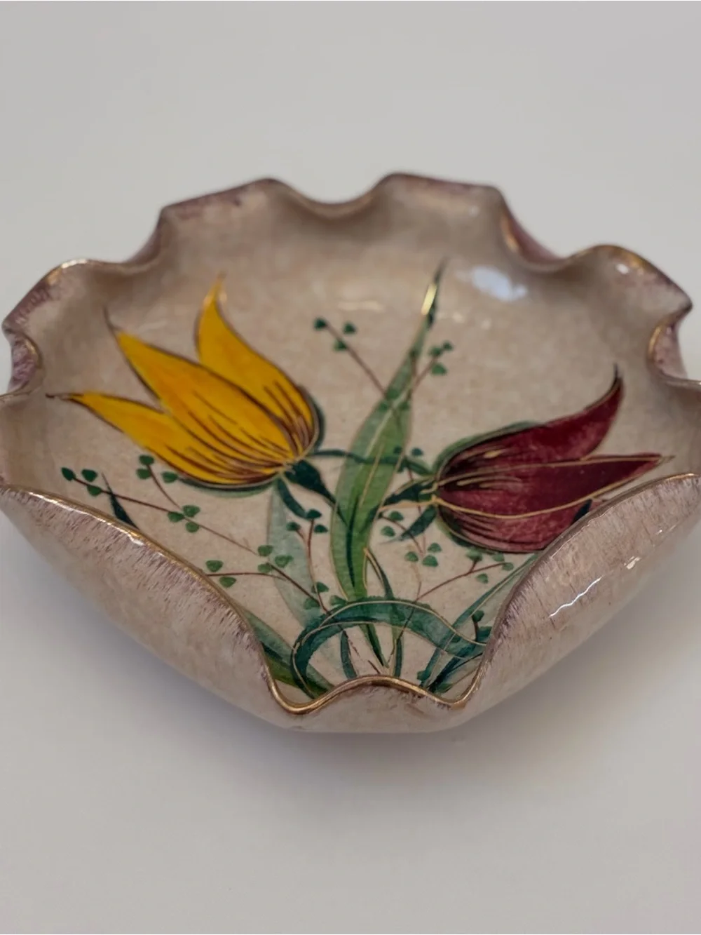 Vintage Pottery Hand Painted Ruffled Bowl  Floral Design Made In Italy